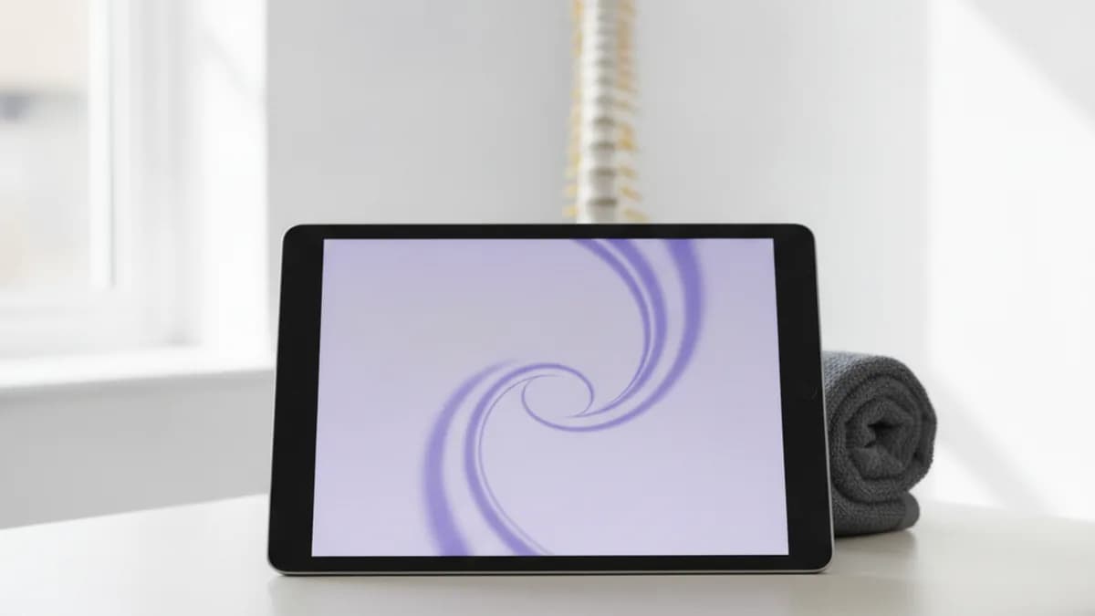 Tablette posée sur une table de traitement dans un cabinet de kinésithérapie, à côté d'un modèle anatomique de colonne vertébrale