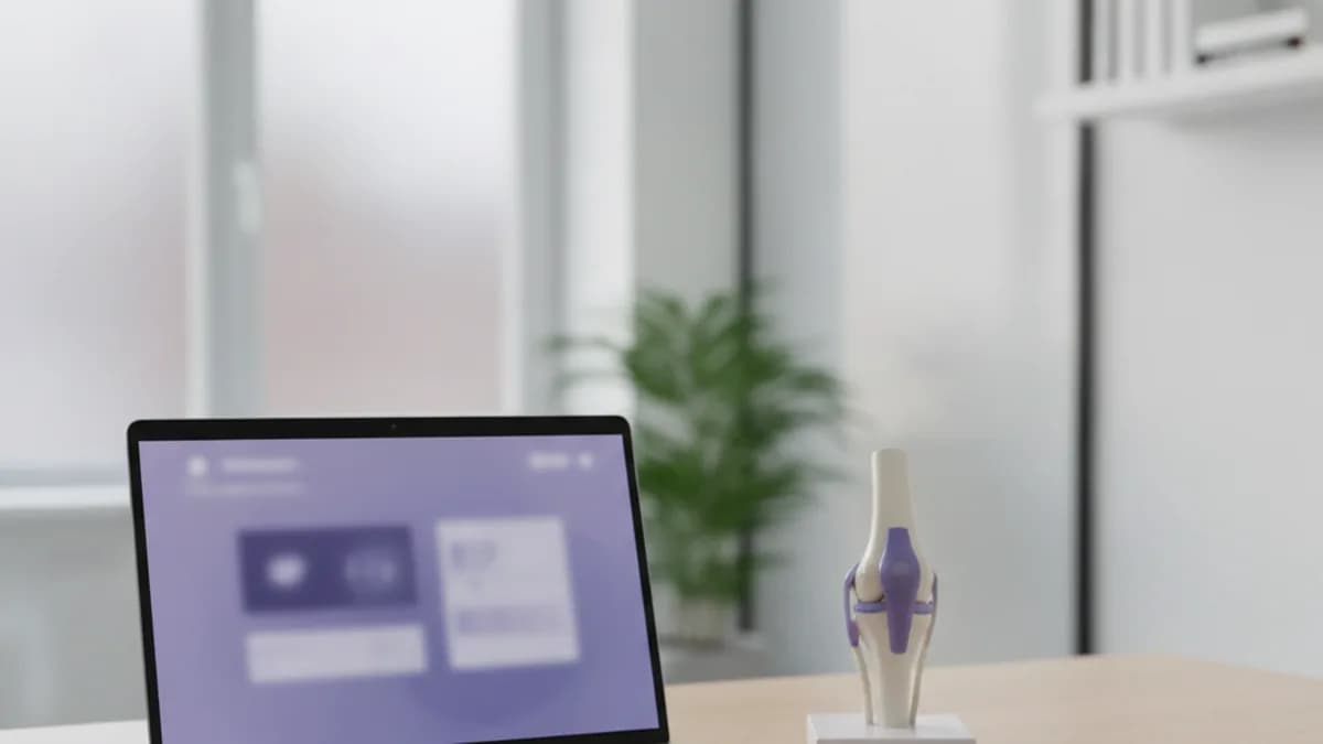 Bureau van een kinesist met laptop, notitieboek en anatomisch kniemodel in een lichte praktijkruimte